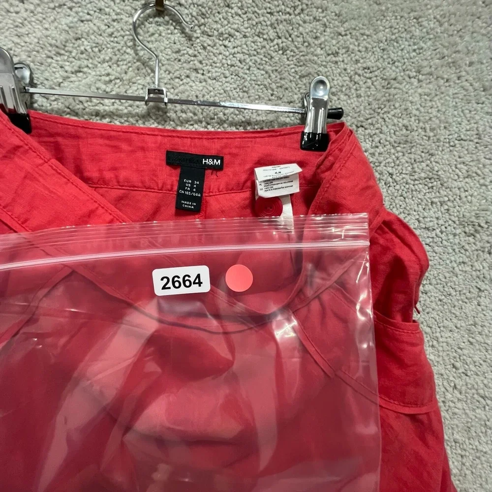 H&M Skirt Women's 4 Red Linen Button Side‎ Zipper Pleated A-Line Mini Pocket